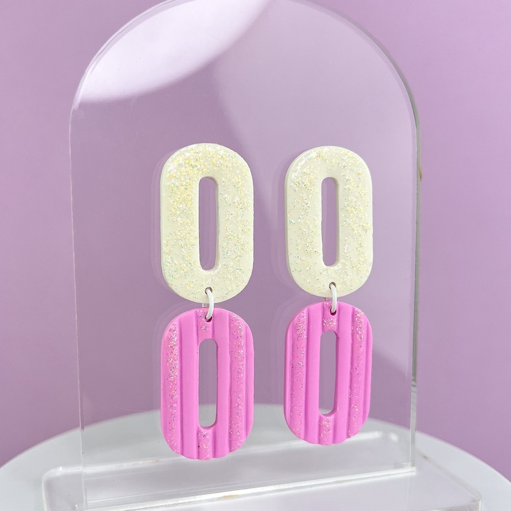 Double Oval Design Pink White Sparkle Handmade Polymer Clay Dangle Earri…